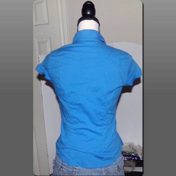Blue/Button Down/Short Sleeve/Collared Shirt {L4} - Picture 3 of 4